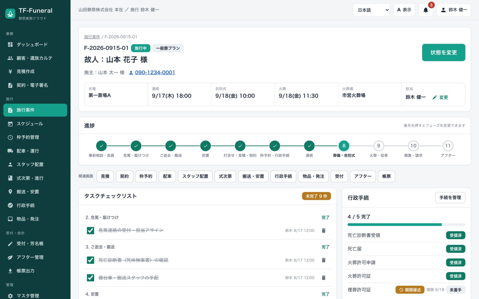 施行案件の詳細画面。故人・施主・式場・通夜・告別式・火葬の日時、11段階の進捗バー、タスクチェックリスト、行政手続の進捗4/5完了を表示